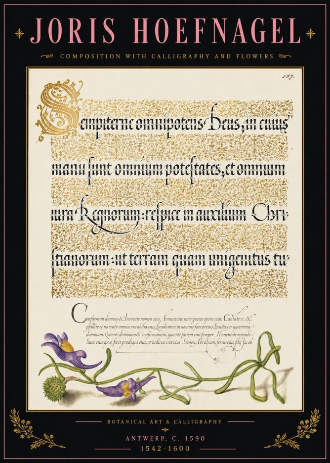Joris Hoefnagel Composition with Calligraphy and Flowers No5 - Juliste