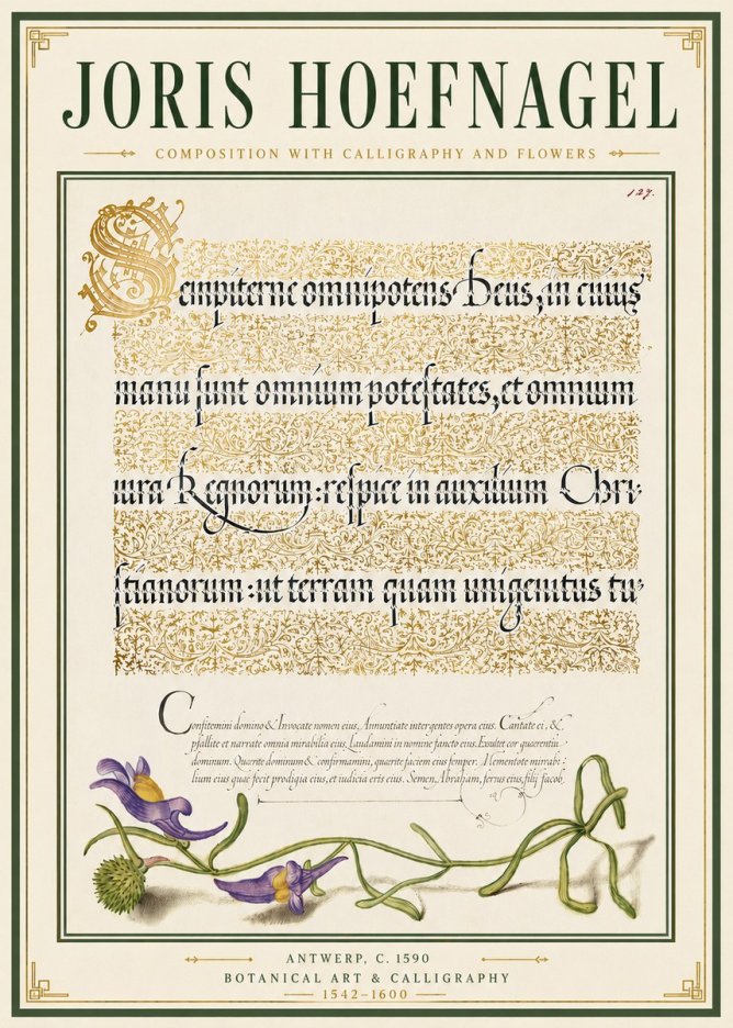 Joris Hoefnagel Composition with Calligraphy and Flowers No6 - Juliste