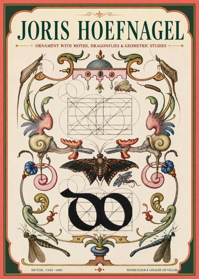 Joris Hoefnagel Ornament with Moths, Dragonflies & Geometric Studies No4 - Juliste