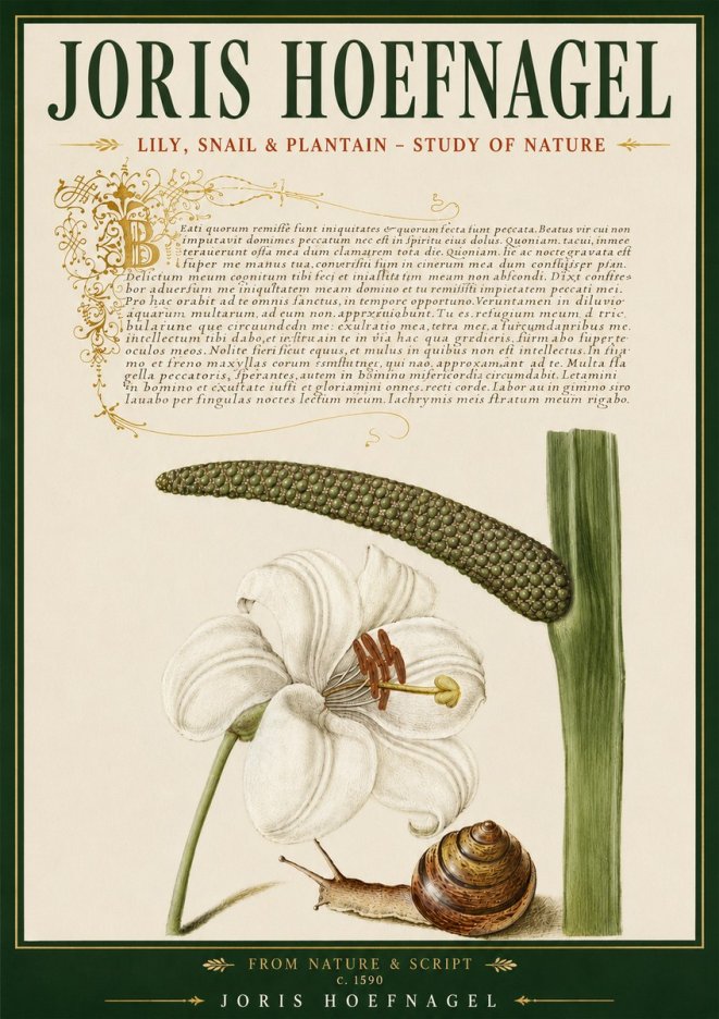 Joris Hoefnagel Lily, Snail & Plantain - Study of Nature No5 - Juliste