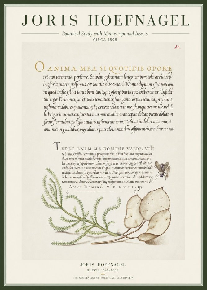 Joris Hoefnagel Botanical Study with Manuscript and Insects No1 - Juliste