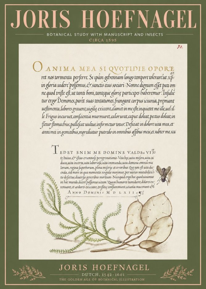 Joris Hoefnagel Botanical Study with Manuscript and Insects No3 - Juliste