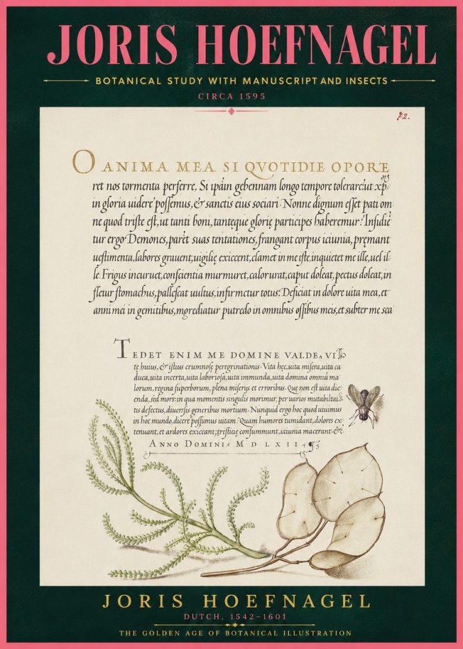Joris Hoefnagel Botanical Study with Manuscript and Insects No4 - Juliste