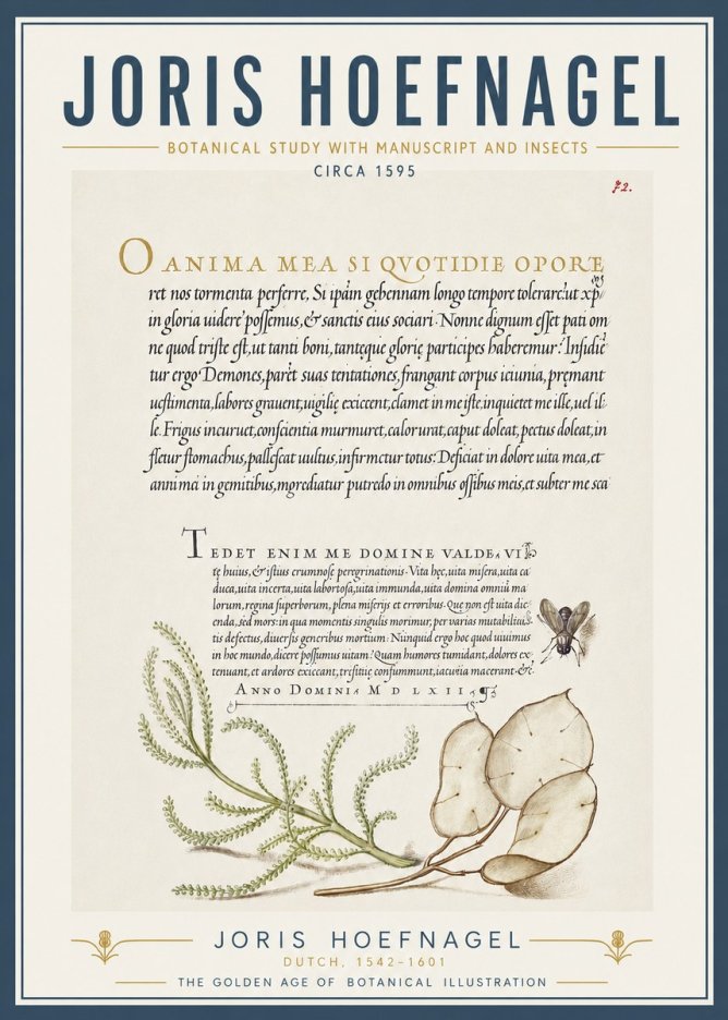 Joris Hoefnagel Botanical Study with Manuscript and Insects No5 - Juliste
