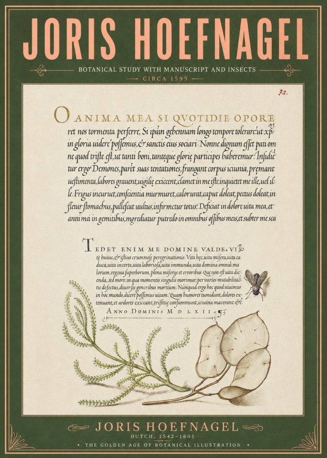 Joris Hoefnagel Botanical Study with Manuscript and Insects No6 - Juliste