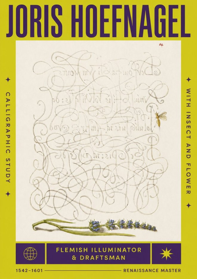 Joris Hoefnagel Calligraphic Study with Insect and Flower No4 - Juliste