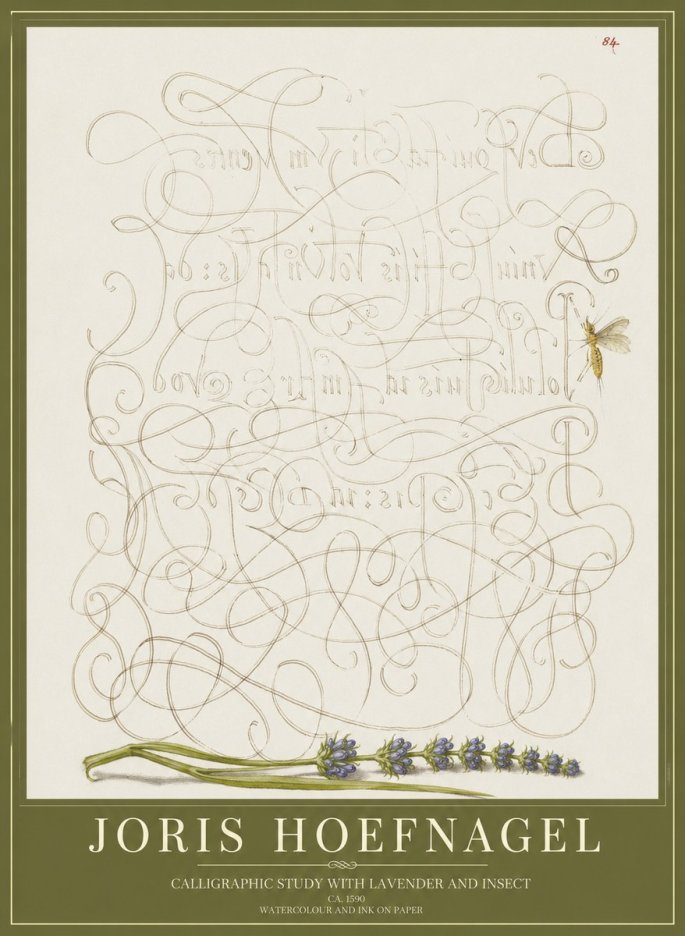 Joris Hoefnagel Calligraphic Study with Insect and Flower No5 - Juliste