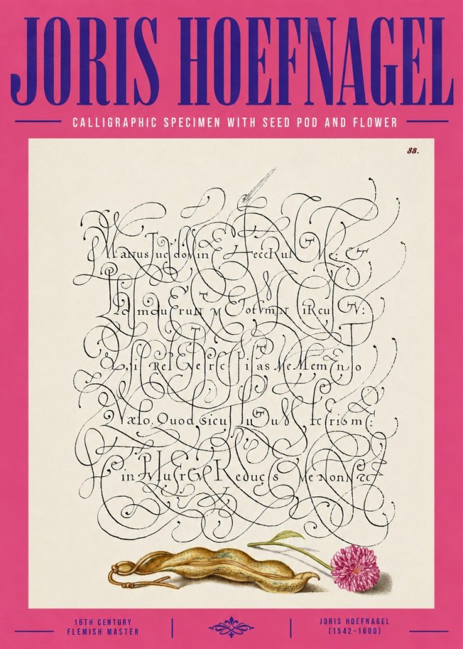 Joris Hoefnagel Calligraphic Specimen with Seed Pod and Flower No4 - Juliste