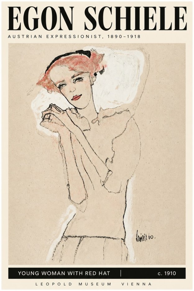 Schiele Young Woman with Red Hat No3 - Juliste