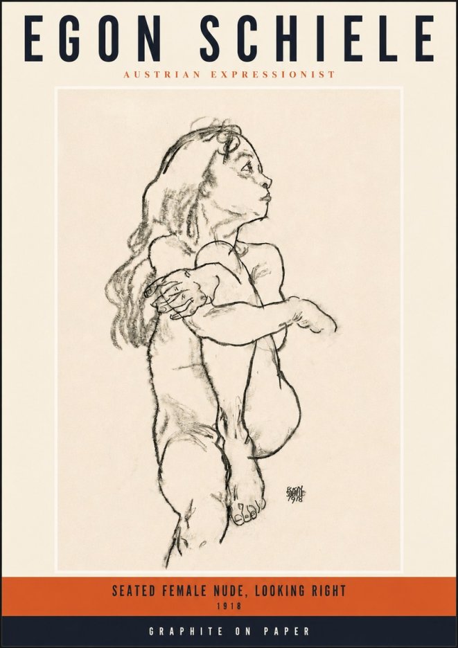 Schiele Seated Female Nude, Looking Right No2 - Juliste