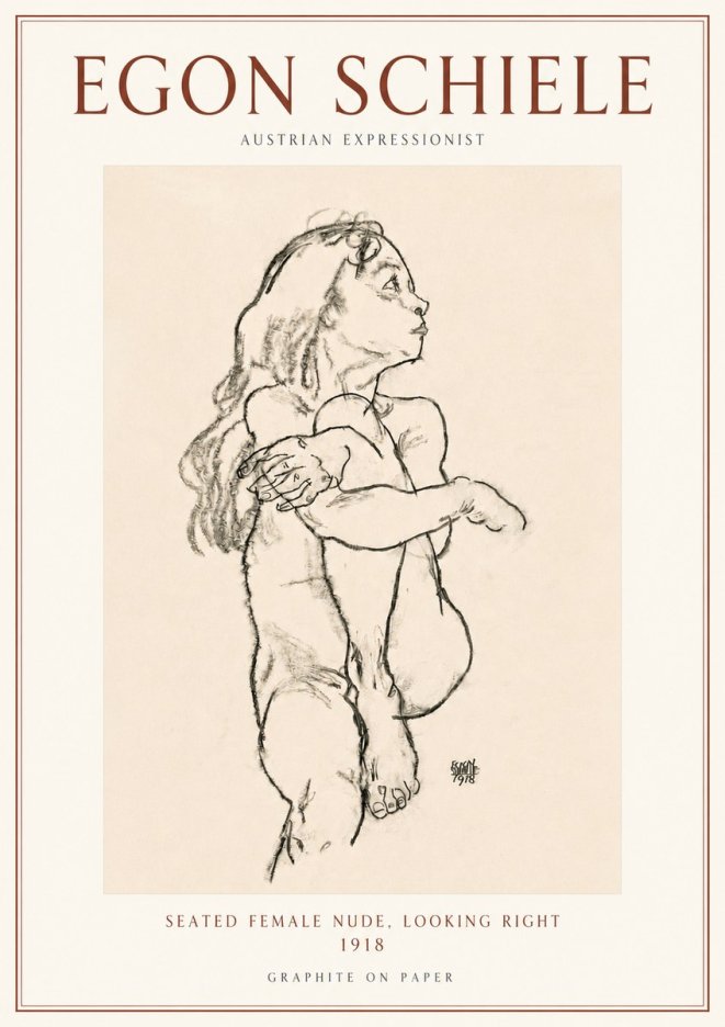 Schiele Seated Female Nude, Looking Right No3 - Juliste