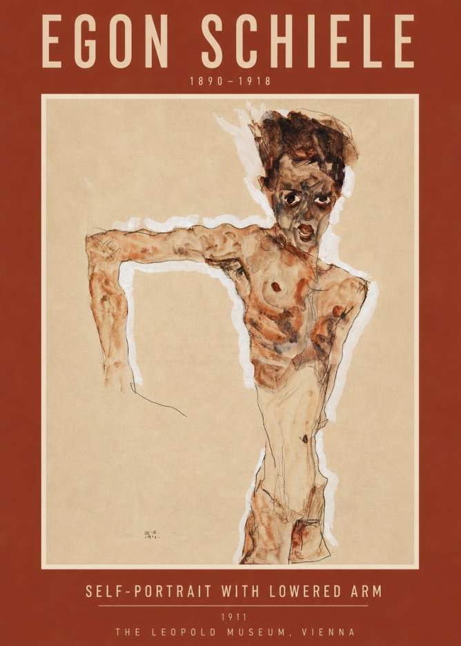 Schiele Self-portrait with Lowered Arm No5 - Juliste