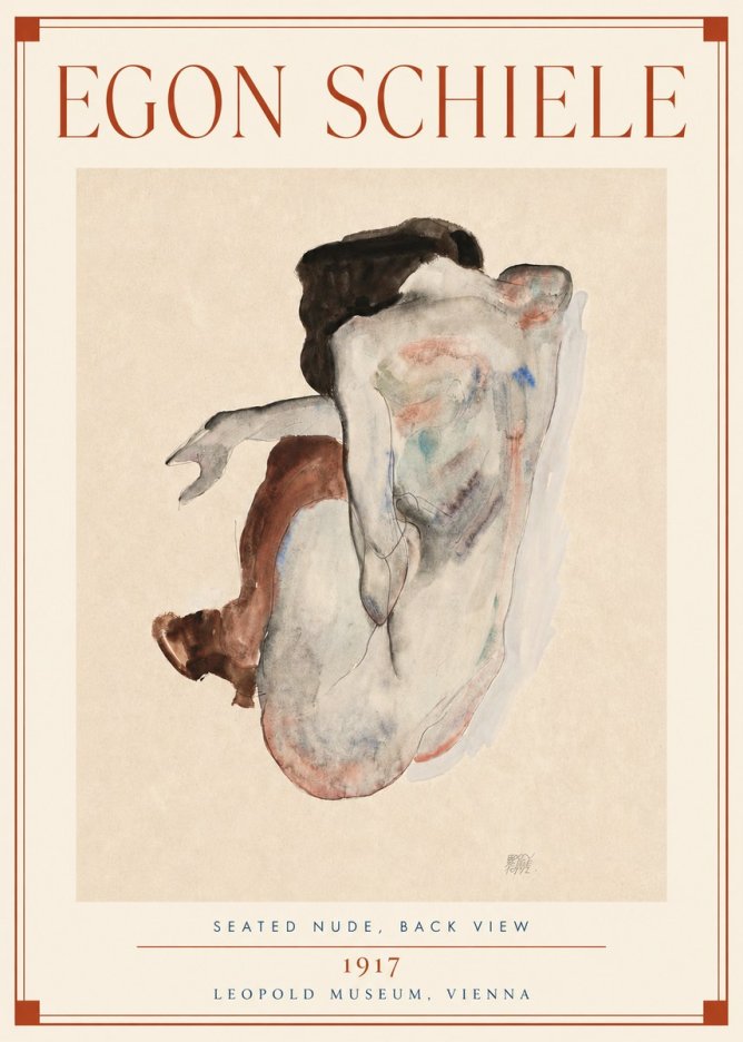 Schiele Seated Nude, Back View No3 - Juliste