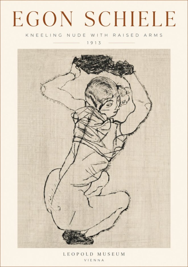 Schiele Kneeling Nude with Raised Arms No3 - Juliste
