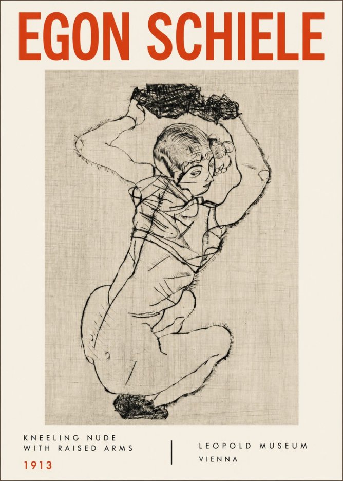 Schiele Kneeling Nude with Raised Arms No4 - Juliste