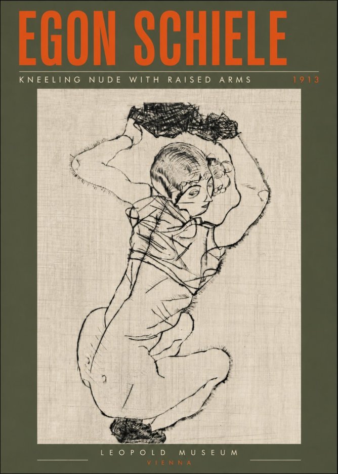 Schiele Kneeling Nude with Raised Arms No6 - Juliste
