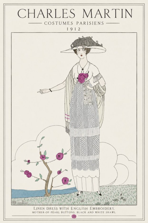 Charles Martin Linen Dress with English Embroidery, Mother-of-pearl Buttons, Black and White Shawl No1 - Juliste