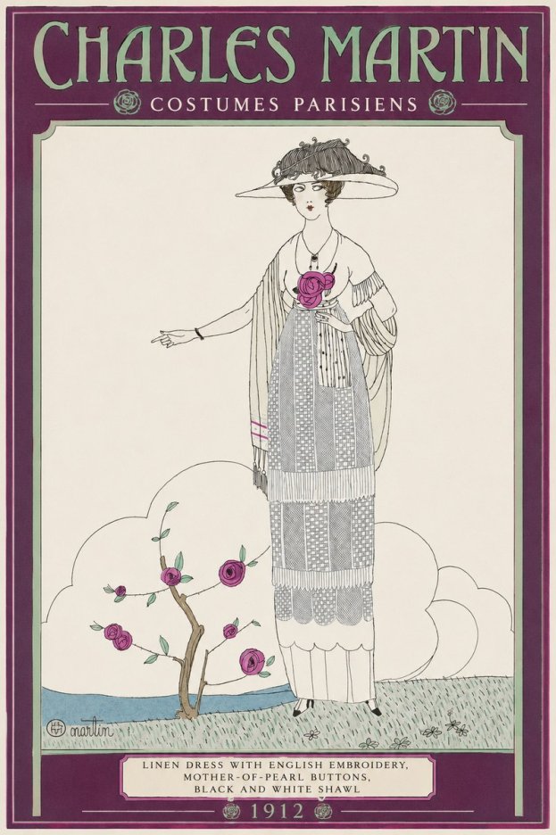 Charles Martin Linen Dress with English Embroidery, Mother-of-pearl Buttons, Black and White Shawl No2 - Juliste