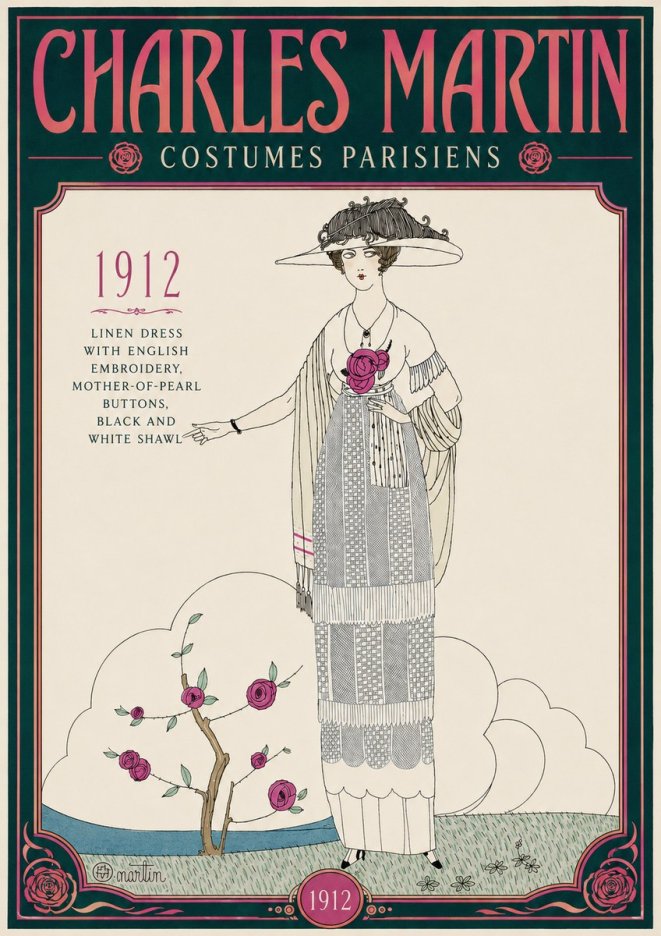 Charles Martin Linen Dress with English Embroidery, Mother-of-pearl Buttons, Black and White Shawl No4 - Juliste