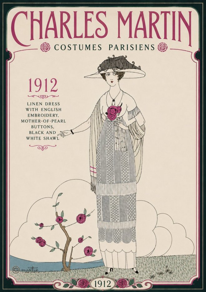 Charles Martin Linen Dress with English Embroidery, Mother-of-pearl Buttons, Black and White Shawl No6 - Juliste