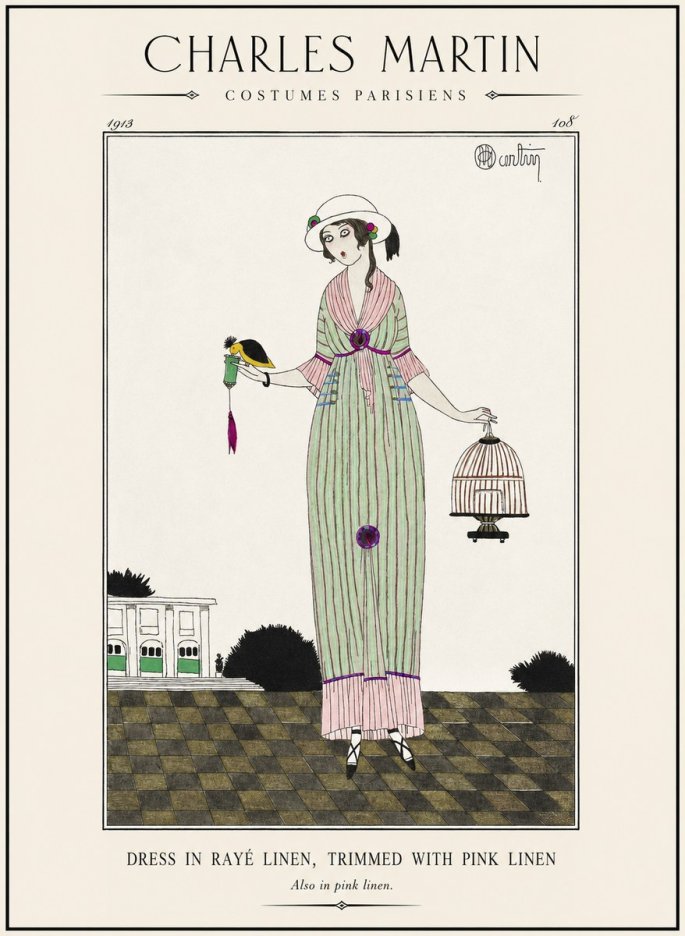 Charles Martin Dress in Rayé Linen, Trimmed with Pink Linen No1 - Juliste