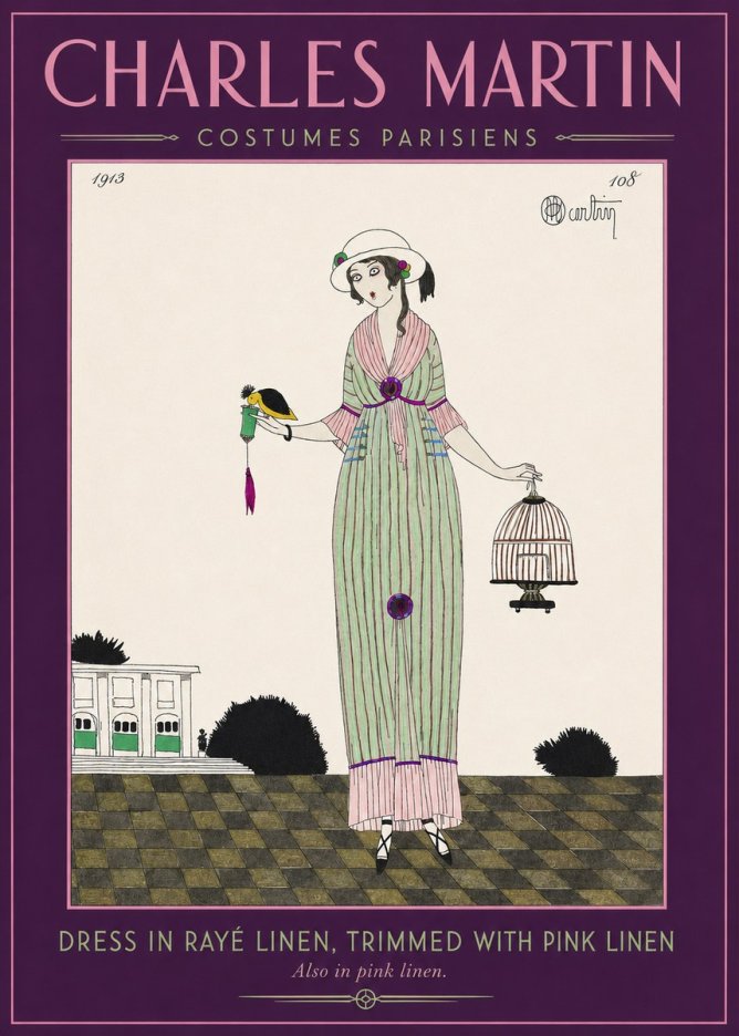 Charles Martin Dress in Rayé Linen, Trimmed with Pink Linen No2 - Juliste