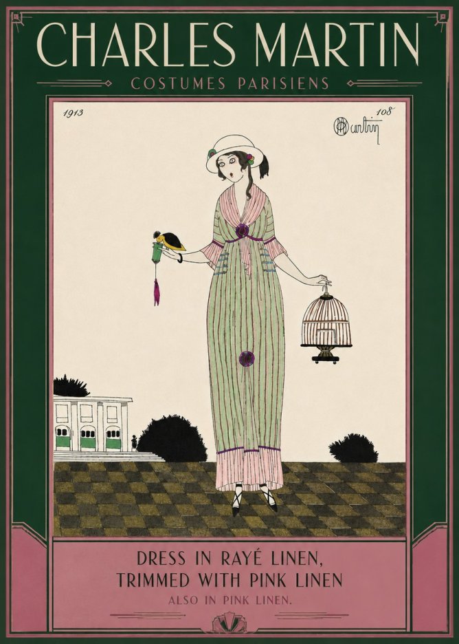 Charles Martin Dress in Rayé Linen, Trimmed with Pink Linen No6 - Juliste