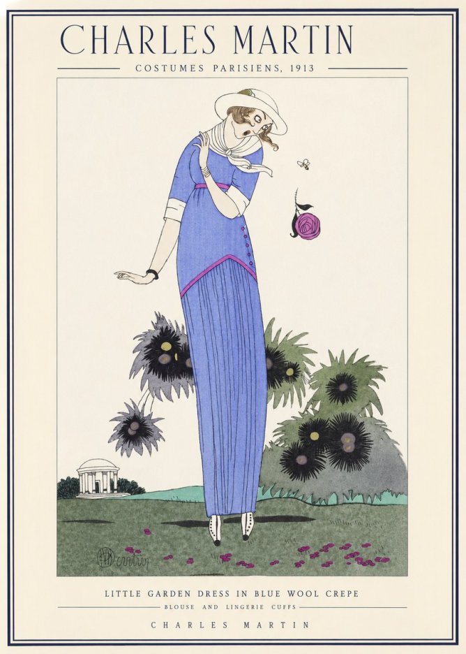 Charles Martin Little Garden Dress in Blue Wool Crepe No1 - Juliste