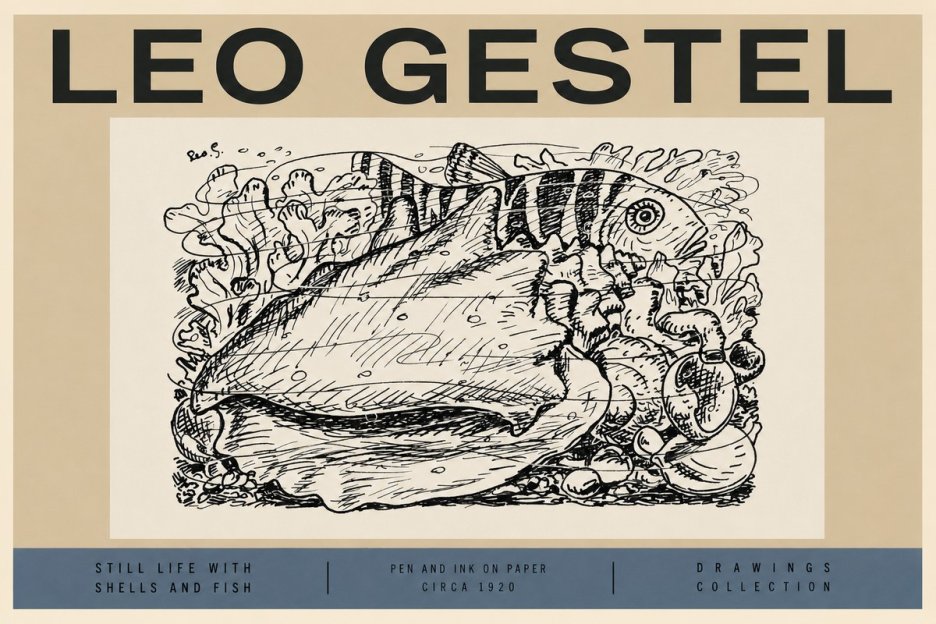 Leo Gestel Still Life with Shells and Fish No2 - Juliste