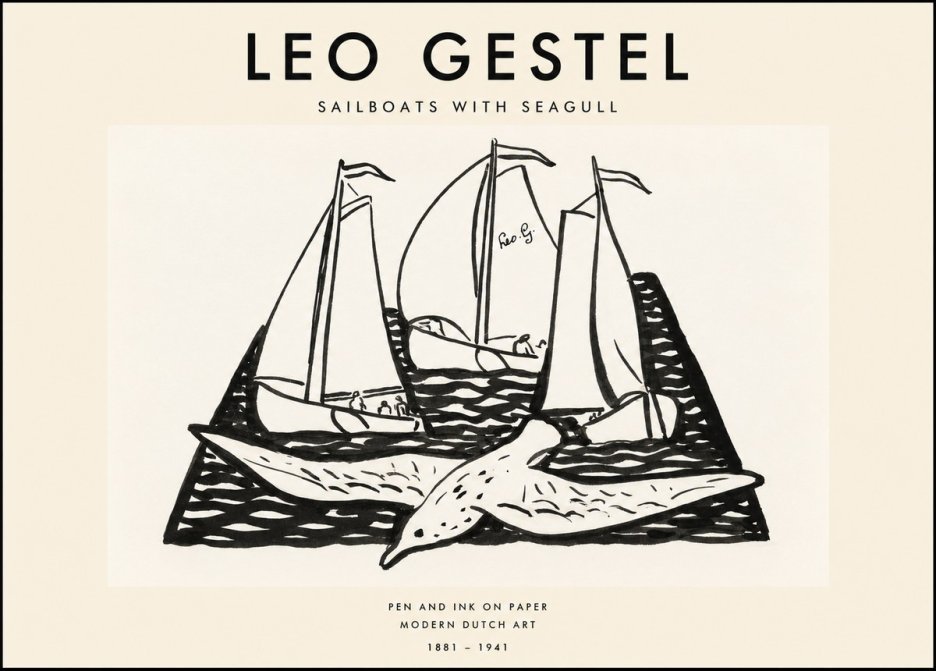 Leo Gestel Sailboats with Seagull No1 - Juliste