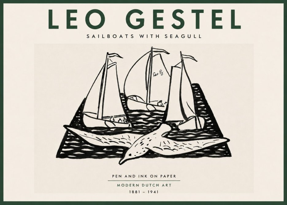 Leo Gestel Sailboats with Seagull No5 - Juliste