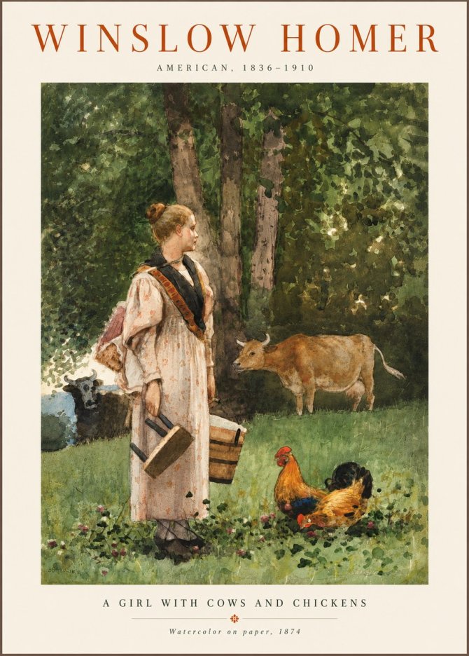 Winslow Homer A Girl with Cows and Chickens No6 - Juliste