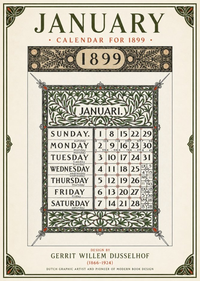 Gerrit Willem Dijsselhof January. Calendar for 1899. No1 - Juliste