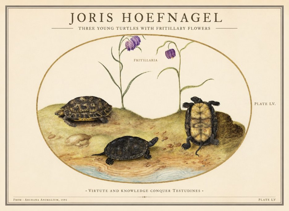 Joris Hoefnagel Three Young Turtles with Fritillary Flowers No1 - Juliste