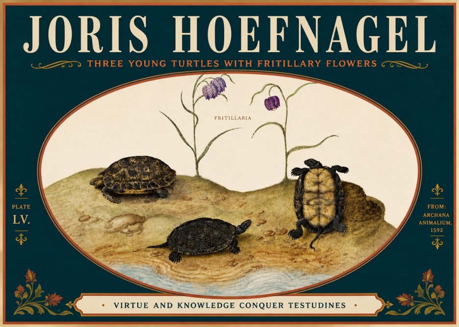 Joris Hoefnagel Three Young Turtles with Fritillary Flowers No6 - Juliste