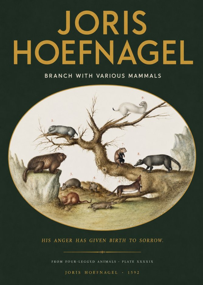 Joris Hoefnagel Branch with Various Mammals No2 - Juliste