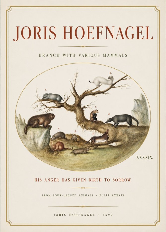 Joris Hoefnagel Branch with Various Mammals No3 - Juliste