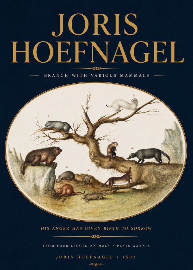 Joris Hoefnagel Branch with Various Mammals No4 - Juliste