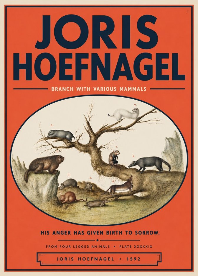 Joris Hoefnagel Branch with Various Mammals No5 - Juliste