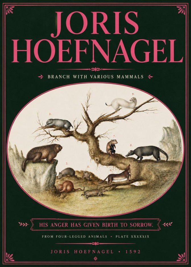 Joris Hoefnagel Branch with Various Mammals No6 - Juliste