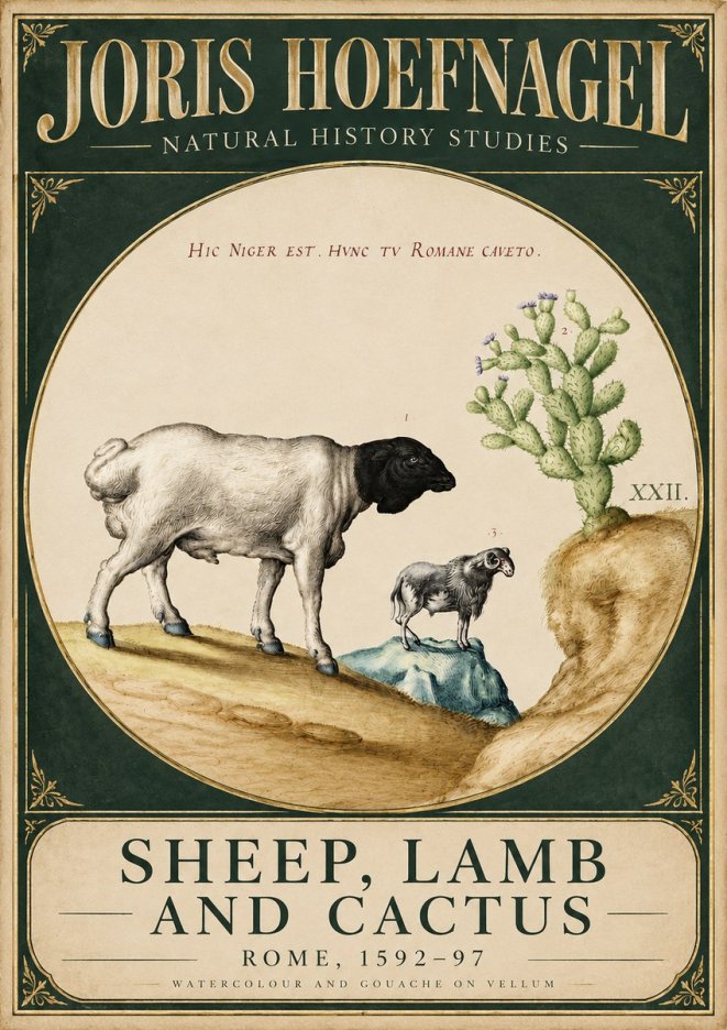 Joris Hoefnagel Sheep and Lamb with Flowering Cactus No6 - Juliste