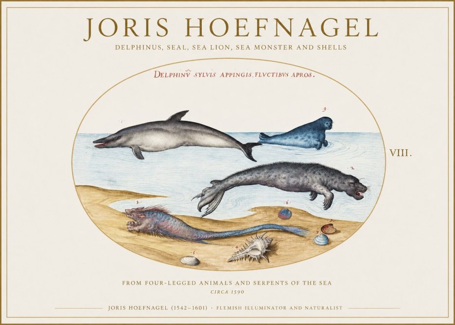 Joris Hoefnagel Delphinus, Seal, Sea Lion, Sea Monster and Shells No1 - Juliste