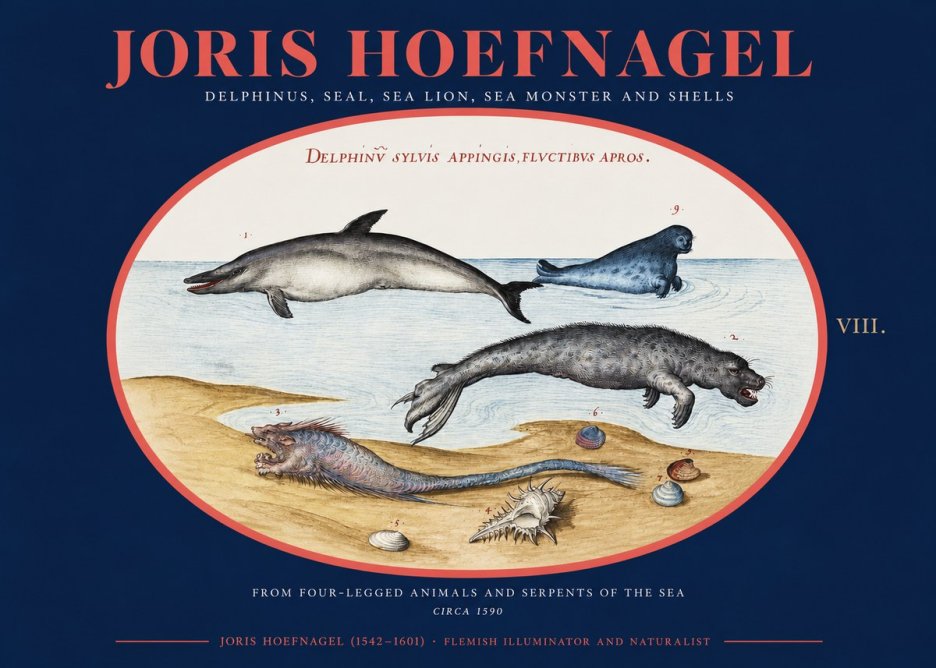 Joris Hoefnagel Delphinus, Seal, Sea Lion, Sea Monster and Shells No2 - Juliste