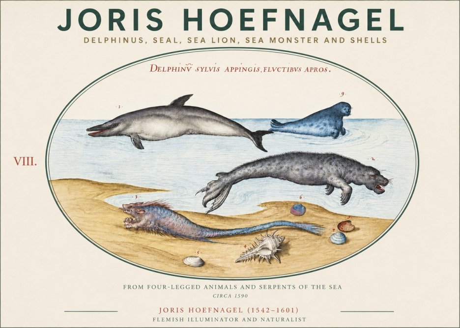 Joris Hoefnagel Delphinus, Seal, Sea Lion, Sea Monster and Shells No3 - Juliste