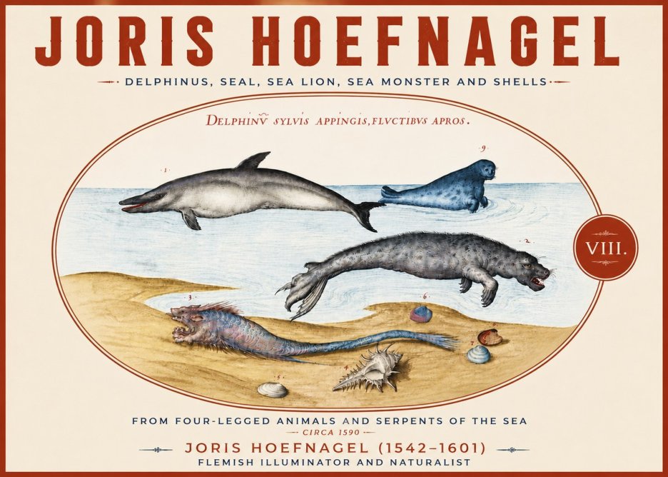 Joris Hoefnagel Delphinus, Seal, Sea Lion, Sea Monster and Shells No5 - Juliste