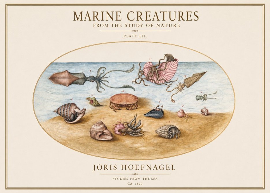 Joris Hoefnagel Marine Creatures - Plate Lii No1 - Juliste