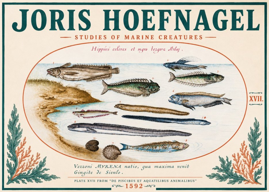 Joris Hoefnagel Plate Xvii from "De Piscibus Et Aquatilibus Animalibus" No5 - Juliste
