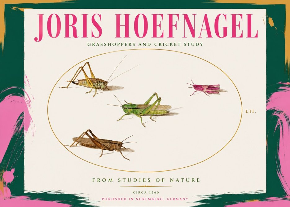 Joris Hoefnagel Three Grasshoppers and a Locust No3 - Juliste