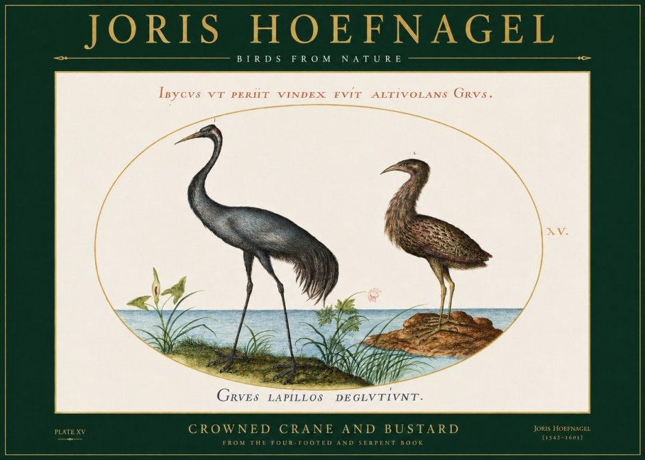 Joris Hoefnagel Crowned Crane and Bustard No2 - Juliste