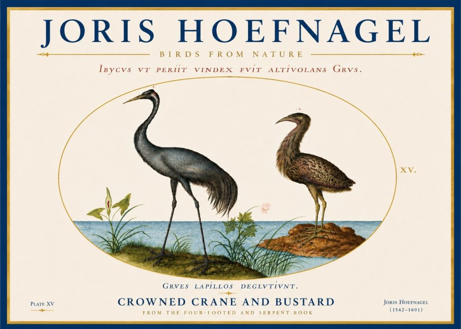 Joris Hoefnagel Crowned Crane and Bustard No6 - Juliste